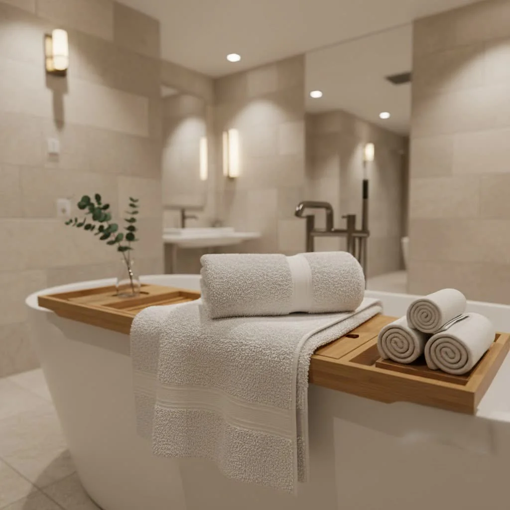 Plush white bath mat towel on a tiled bathroom floor