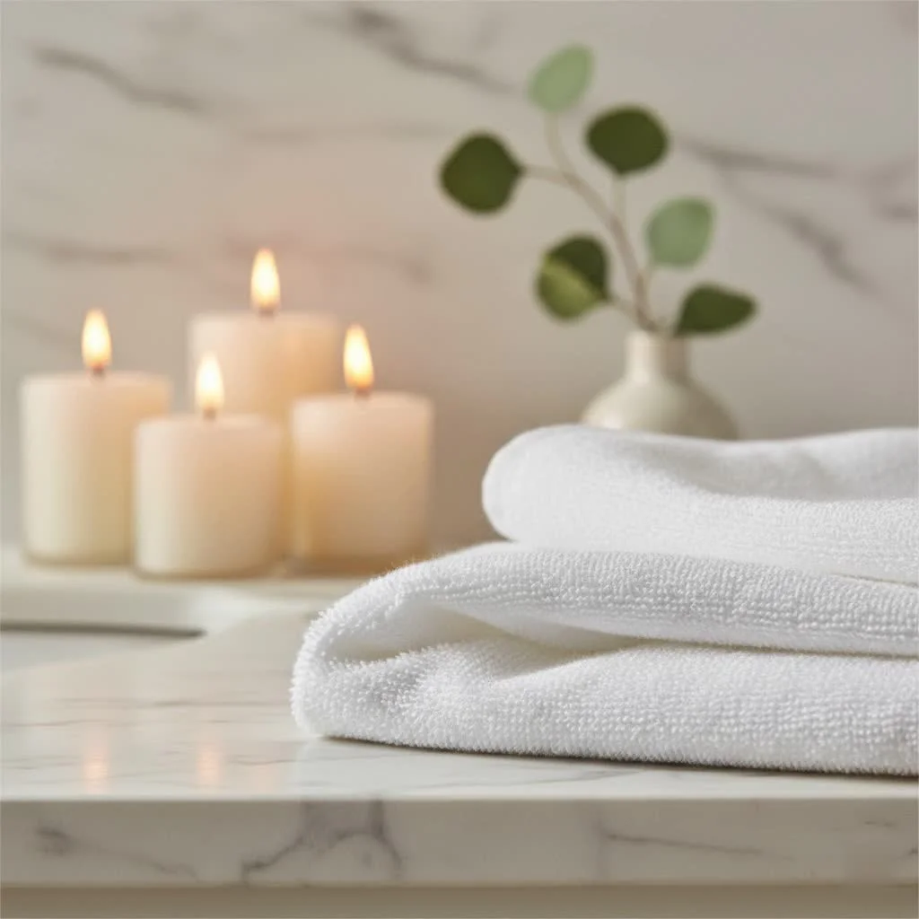 Close-up of a plush white performance bath towel