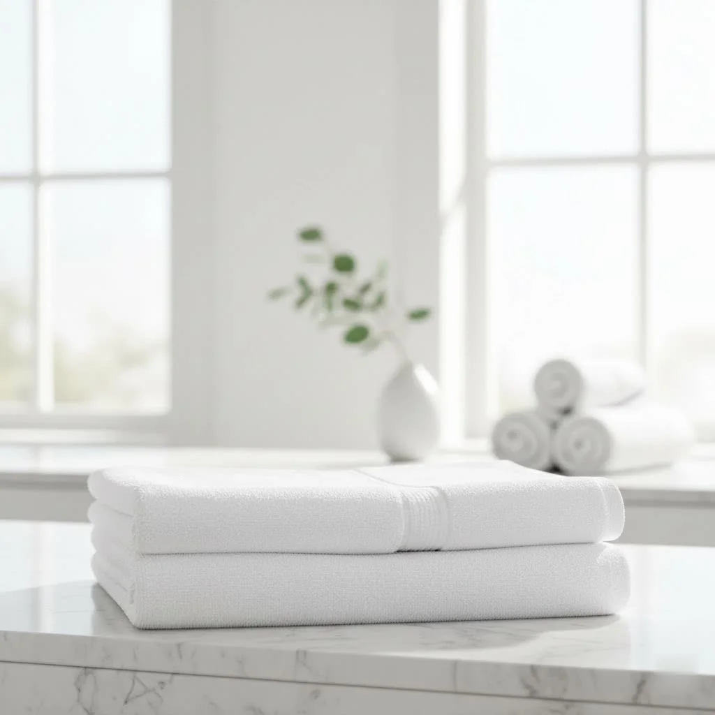Plush white hotel bath towels stacked