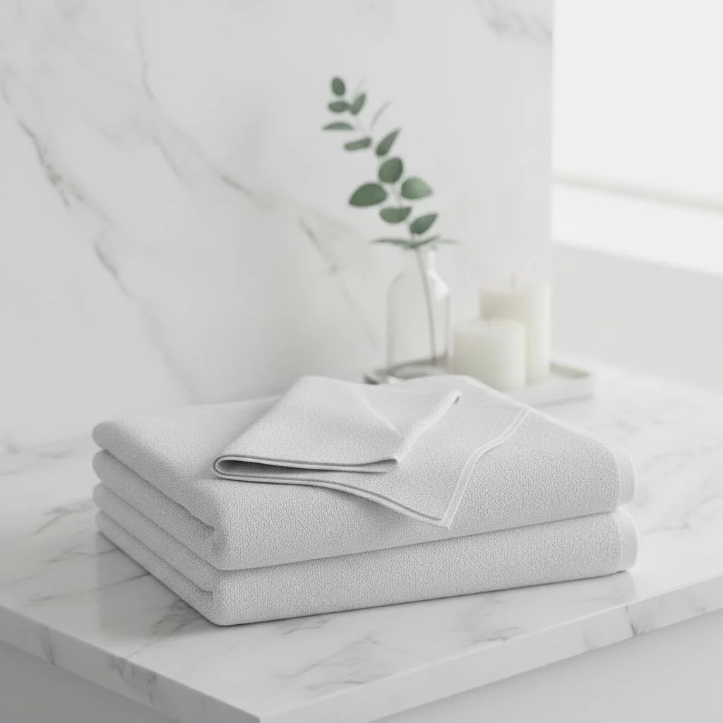 Woman wearing a white wearable bath towel after showering